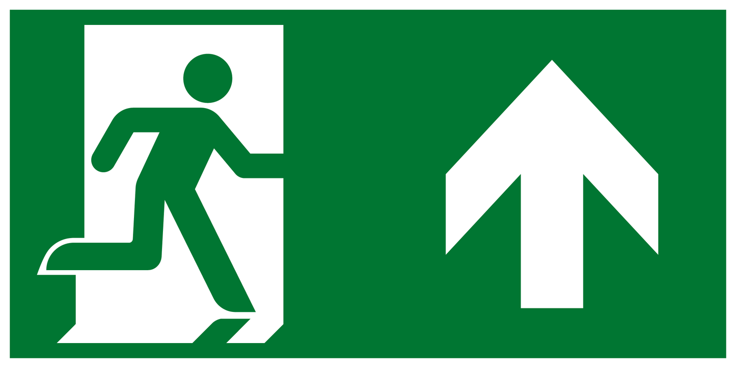 Rettungs- & Fluchtwegschild - Rettungsweg geradeaus / ggf. durch eine Tür / aufwärts gehen (Etagenwechsel)