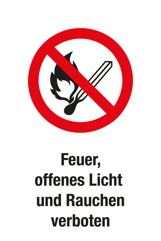 Verbotsschild mit Text - Feuer, offenes Licht und Rauchen verboten