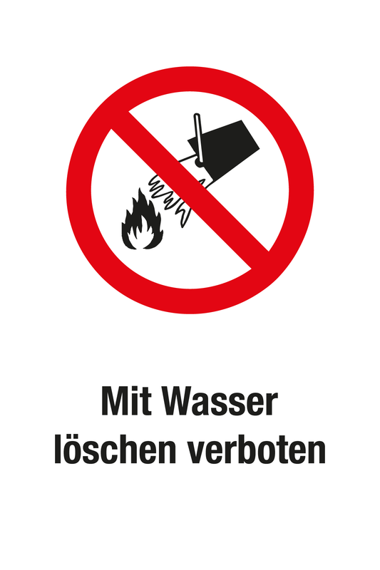 Verbotsschild mit Text - Mit Wasser löschen verboten