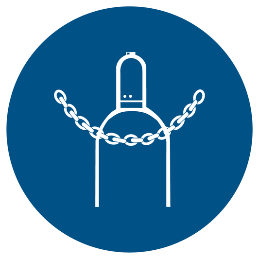 Gebotsschild - Druckgasflasche durch Kette sichern