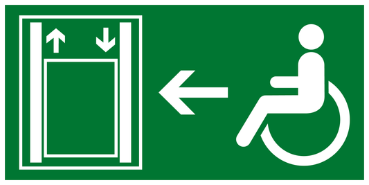 Rettungs- & Fluchtwegschild - Aufzug mit verlängerter Betriebszeit links