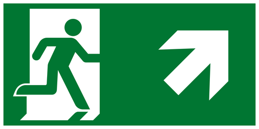 Rettungs- & Fluchtwegschild - Rettungsweg schräg rechts/rechts aufwärts (Etagenwechsel)