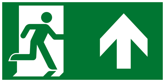 Rettungs- & Fluchtwegschild - Rettungsweg geradeaus / ggf. durch eine Tür / aufwärts gehen (Etagenwechsel)