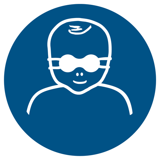 Gebotsschild - Kleinkinder durch weitgehend lichtundurchlässige Augenabschirmung schützen