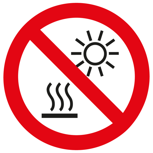 Verbotsschild - Nicht direktem Sonnenlicht oder heißen Oberflächen aussetzen