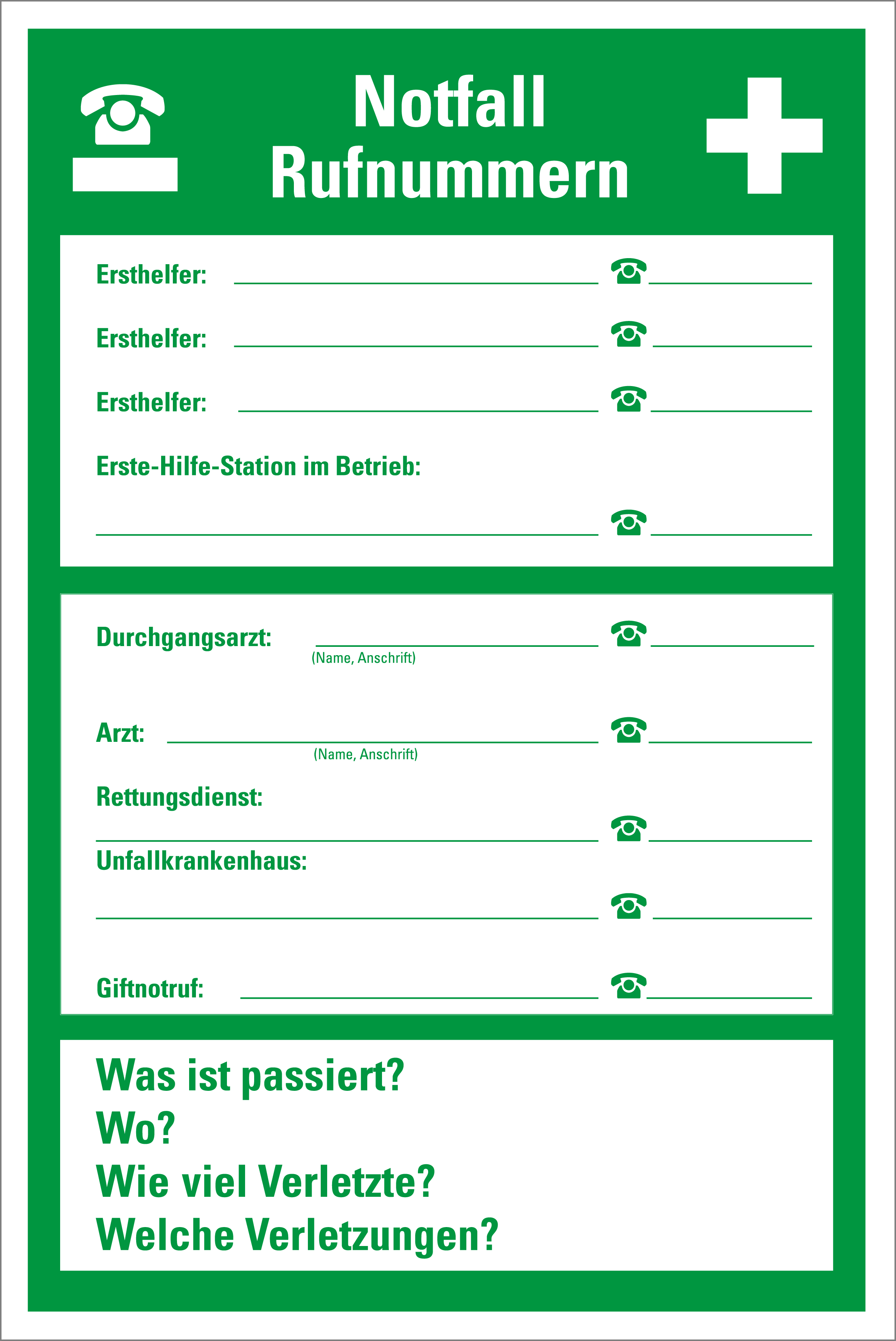 Aushang am Arbeitsplatz - Notfall Rufnummern - Kunststoff - 20 x 30 cm