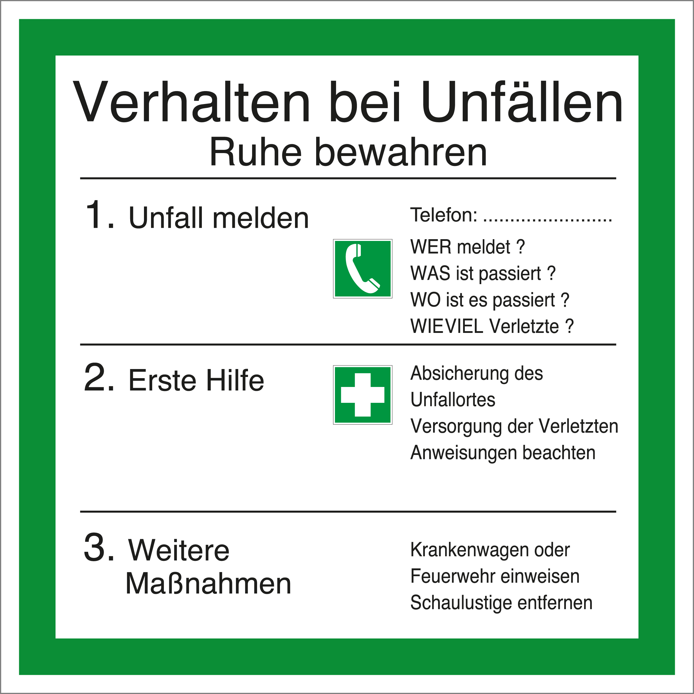Aushang am Arbeitsplatz - Verhalten bei Unfällen - Kunststoff - 25 x 25 cm