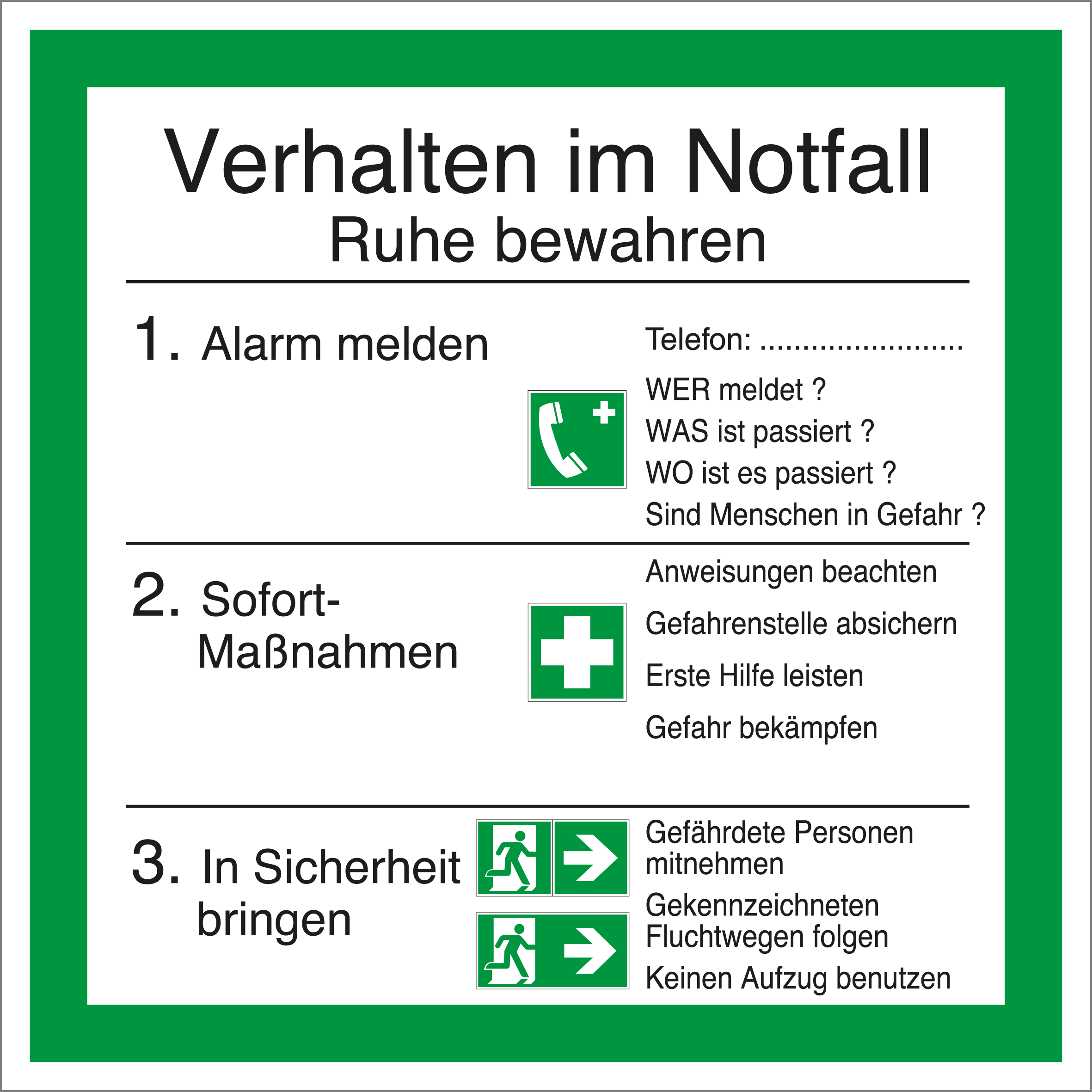 Aushang am Arbeitsplatz - Verhalten im Notfall - Kunststoff - 25 x 25 cm
