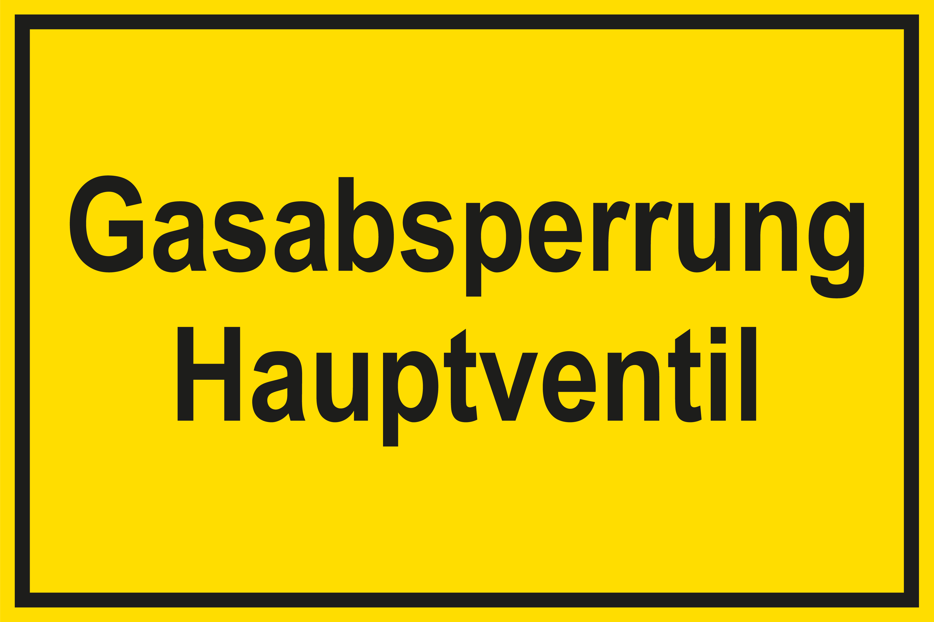 Schild für Gas- und Heizungsanlagen - Gasabsperrung Hauptventil - Folie Selbstklebend - 20 x 30 cm